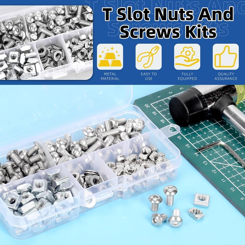 Glarks 201pcs M5 T Slot Nut and Button Head Socket Cap Screw Kit for 2020 Series Aluminum Extrusion, 40pcs 2020 Series T Nut and 40pcs T Sliding Nut, 80pcs Hexagon Socket Screw with 40pcs Flat Washers - Image 3